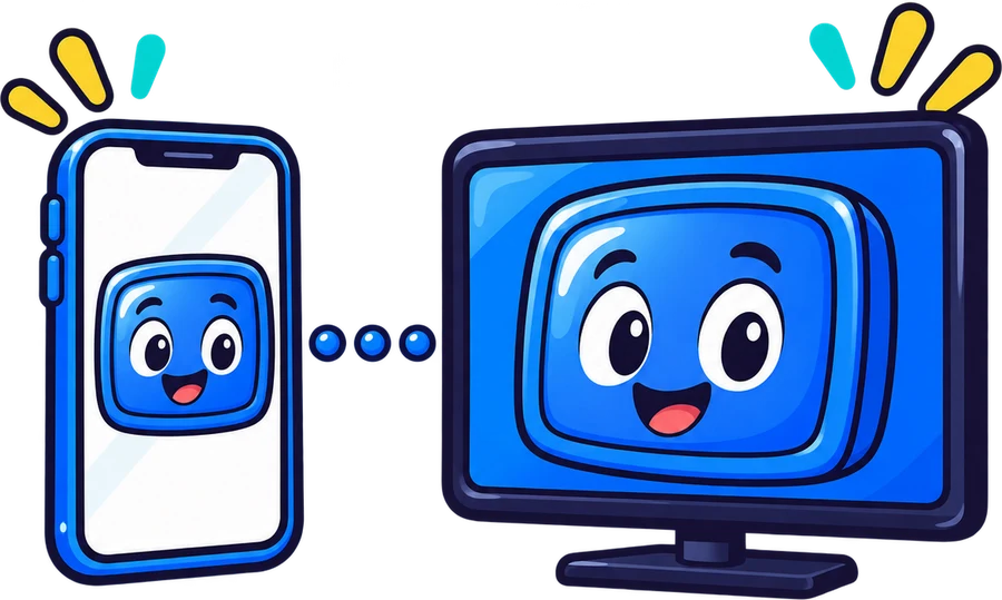 A phone connected to a TV, both showing the smiling mascot.