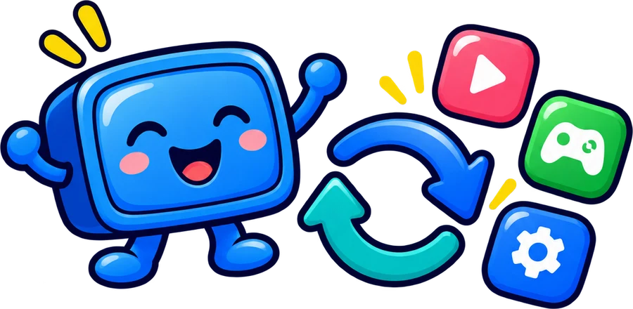 The happy mascot next to circular restore arrows and app tiles.