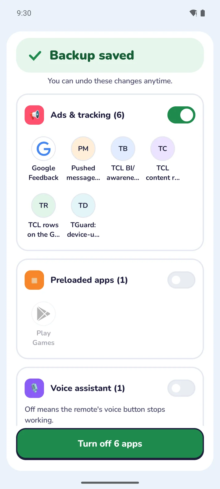 tidytv's review screen: Backup saved, then groups of apps with switches.